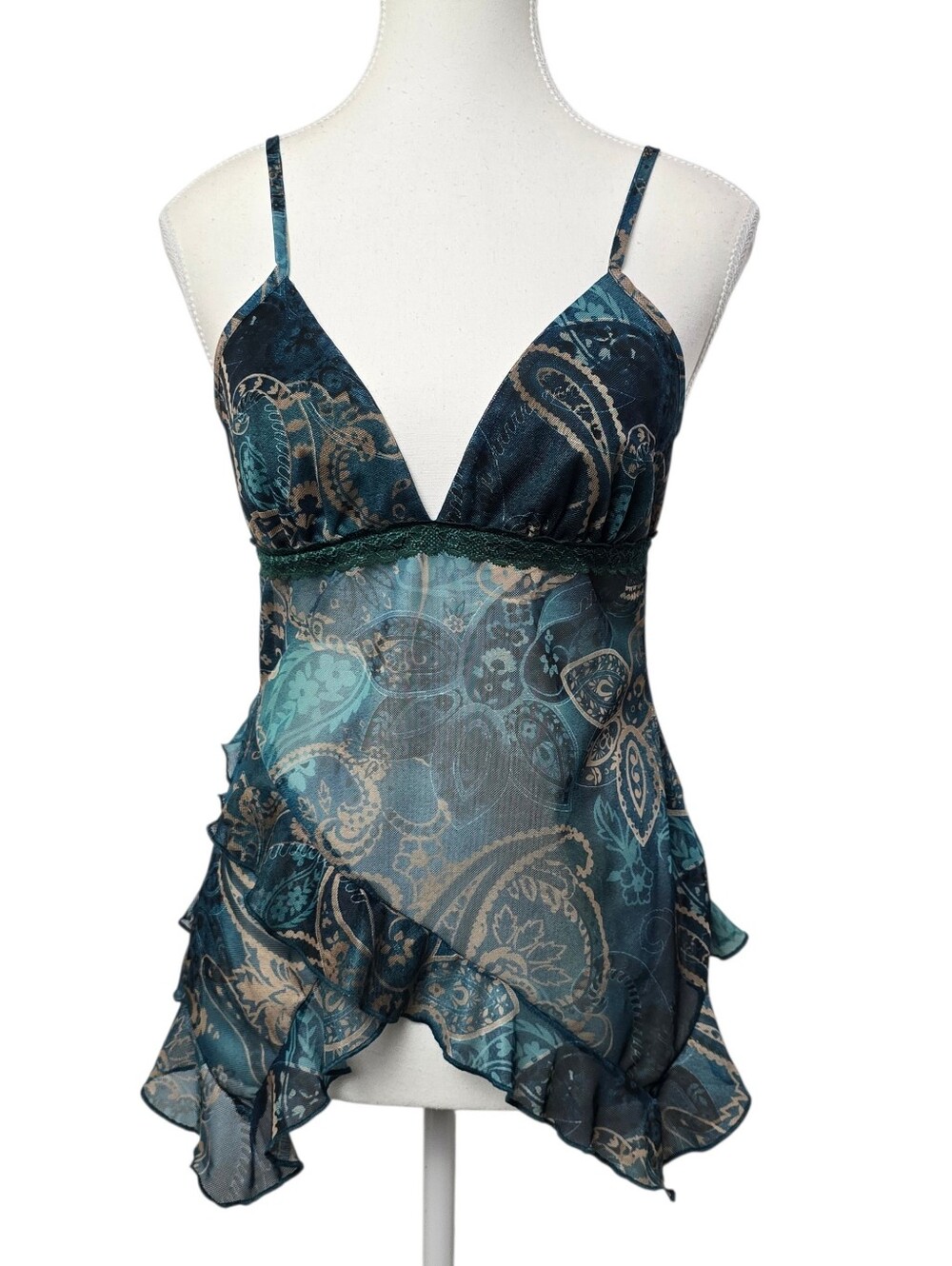 Y2K Teal Green Paisley Lace Asymmetric Ruffle Babydoll Camisole Top Sz Medium